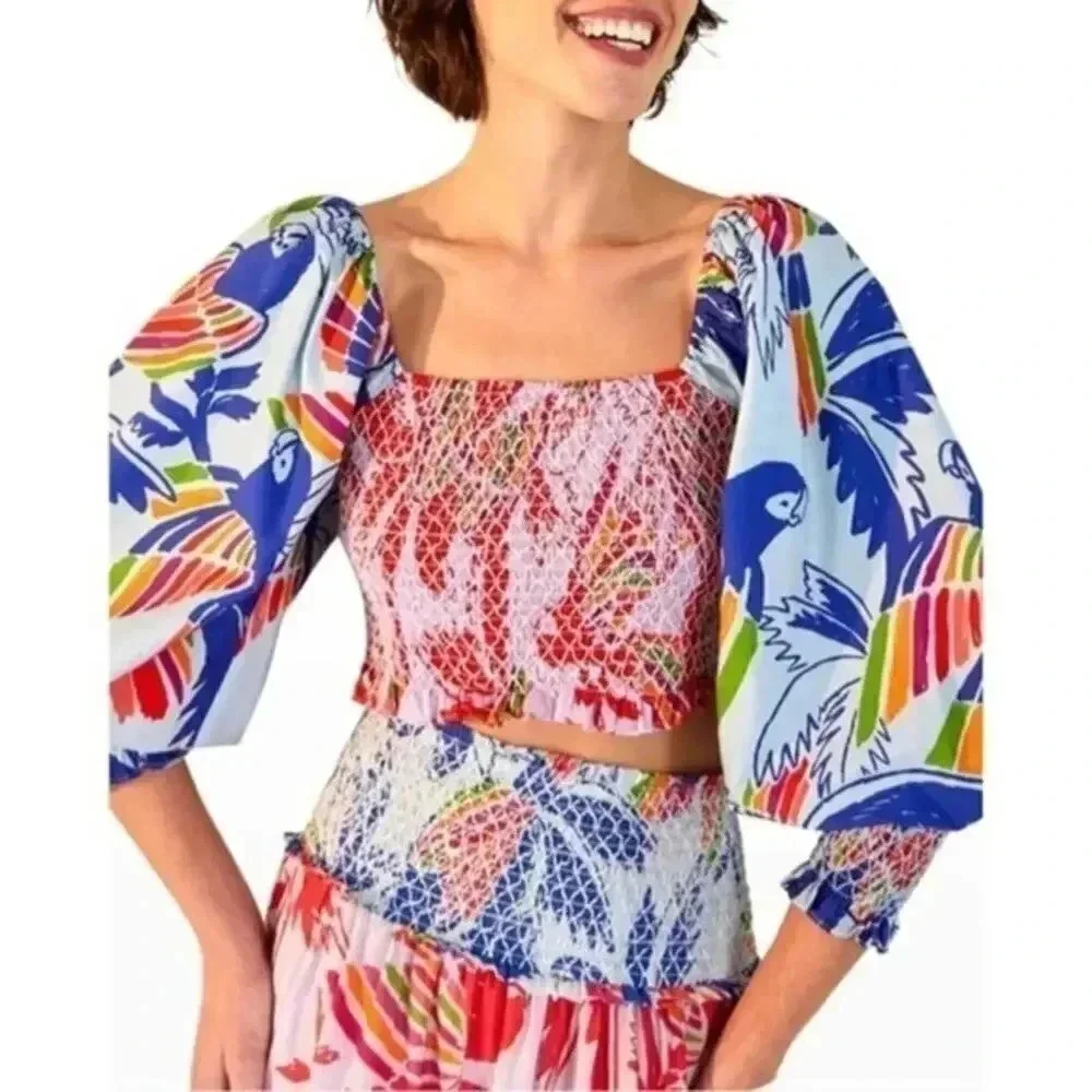 FARM RIO Farm Rio Mixed Birds Puff-Sleeve Smocked Crop Top B1103